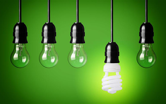 five light bulbs hang in front of a green background